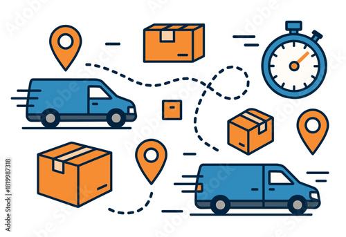 Logistics concept with delivery vans, packages, and stopwatch icons