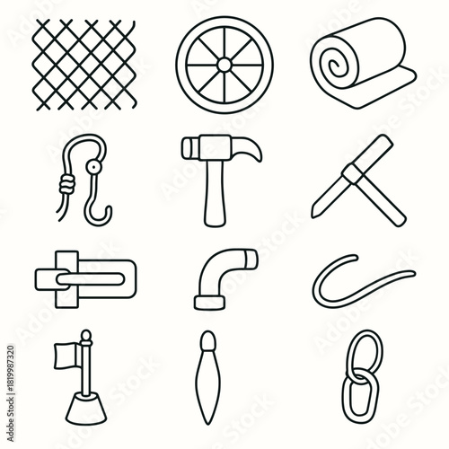 Set of Minimalist Black Line Icons: Tools, Hardware, Fence, Rope, Hammer, Lock, Chain and More. Generated image