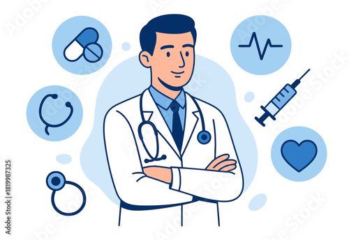 Smiling asian male doctor surrounded by medical icons