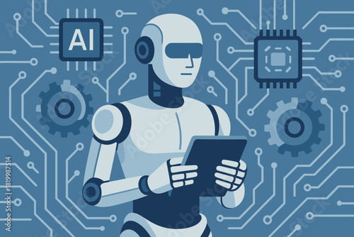 Futuristic robot analyzing data on tablet in ai circuitry environment