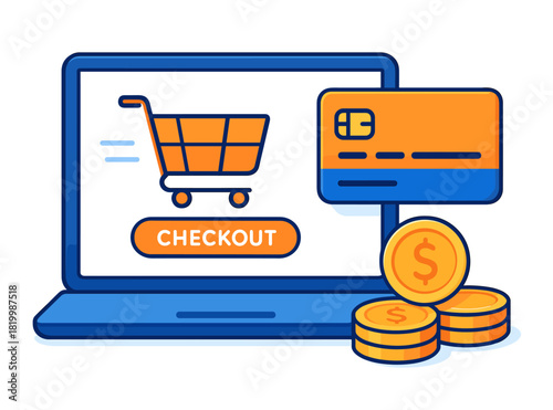E-commerce checkout concept with cart icon and payment methods