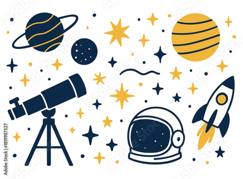 Space exploration elements: telescope, planets, stars, rocket, and helmet