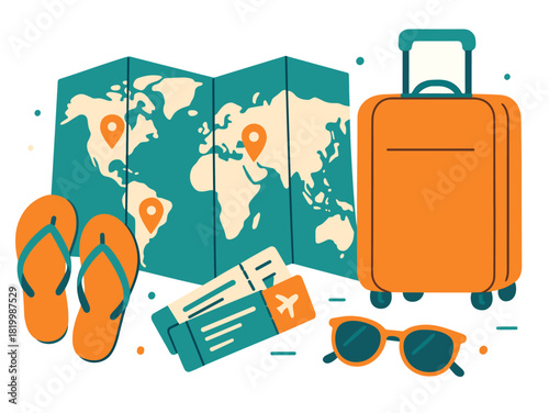 Travel essentials: suitcase, tickets, map, sunglasses, flip flops