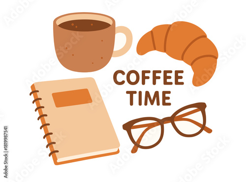 Coffee time with cup, croissant, notebook, and glasses illustration