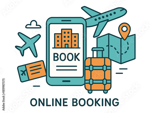 Travel planning concept with online booking elements and airplane icons