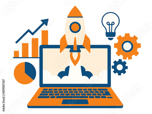 Digital start-up growth concept with rocket launch from laptop