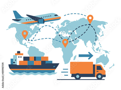 Global logistics network with airplane, cargo ship, and delivery truck icon