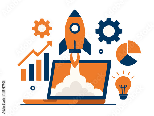 Startup launch concept with rocket and analytics elements