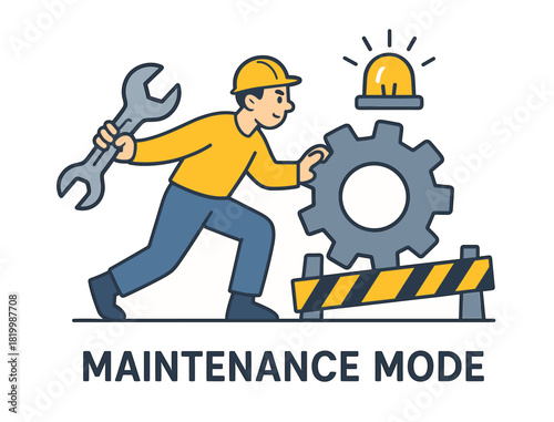 Cartoon worker in maintenance mode with wrench and gear illustration
