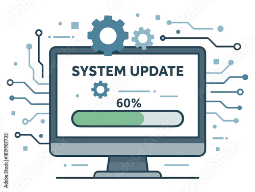 System update progress on computer screen with gear icons and circuit connections