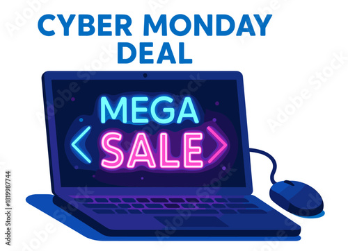 Cyber monday mega sale advertisement with laptop featuring neon graphics