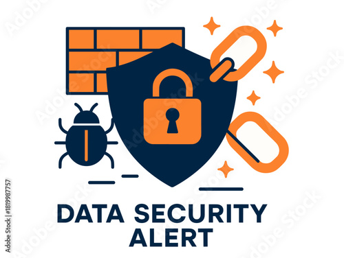 Data security alert with padlock, chain, bug, and firewall symbols