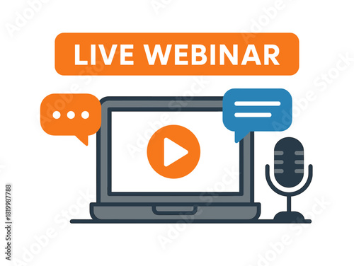 Live webinar icon with laptop microphone and speech bubbles