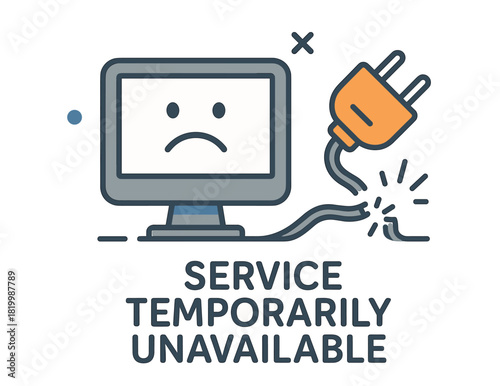 Service temporarily unavailable icon with broken cable and sad monitor