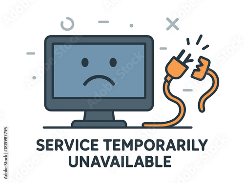 Service temporarily unavailable icon with sad face and broken cable
