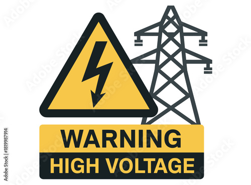 Warning sign with high voltage symbol near electric tower