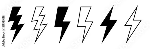 Lightning bolt, flash icons in multiple filled and outline styles, perfect for energy, power, speed, electricity symbols, speed, power, charging, or weather warnings, and modern UI design.