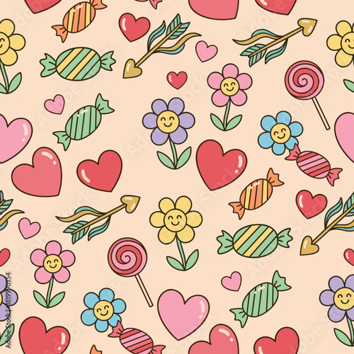 Valentine's Day pattern: A festive Valentine's Day pattern featuring an assortment of hearts, arrows, candies, and flowers creates a cheerful, loving background.
