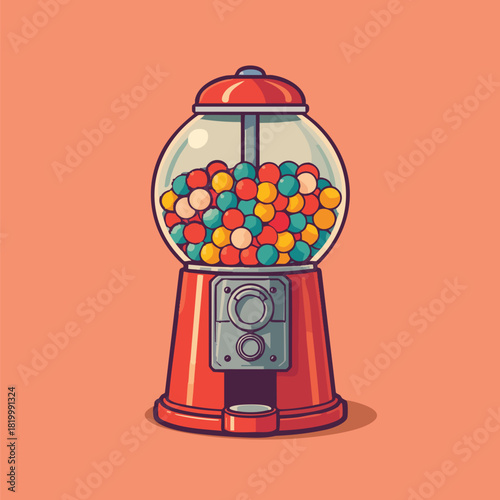 Red gumball machine with colorful gumballs is great for candy shops, sweet treat illustrations, kids party themes, and print materials.
