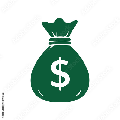 Green money bag with white dollar sign symbol icon.