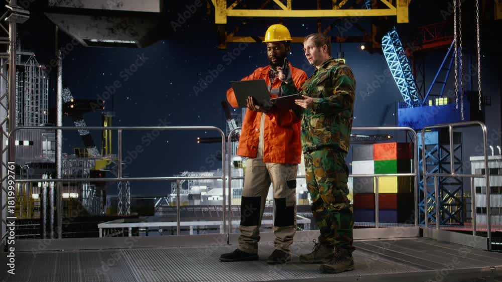 Security Guard Rig Naval officer and engineer using walkie talkie on oil rig vessel to ...