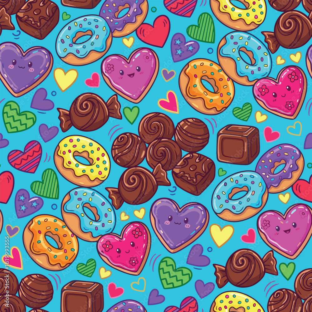 Fototapeta premium Cute Valentine pattern vector. Seamless sweets pattern with chocolate, cookie, and donut. Hand Drawn Valentine's Day Hearts Background.
