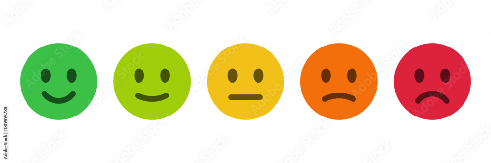 Naklejka premium Colorful feedback emoji faces, emoticons ranging from happy to sad, for surveys, rating systems, user feedback, and UI elements as a rating scale or for collecting feedback on satisfaction and mood