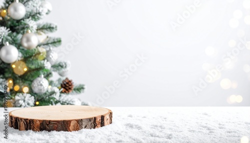 A festive holiday image featuring a natural wood slice podium amid a snowy, white