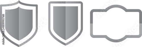 Shield outline badge vector set, silver security emblem shapes for branding, protection labels and design