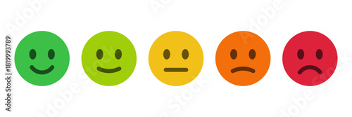 Colorful feedback emoji faces, emoticons ranging from happy to sad, for surveys, rating systems, user feedback, and UI elements as a rating scale or for collecting feedback on satisfaction and mood