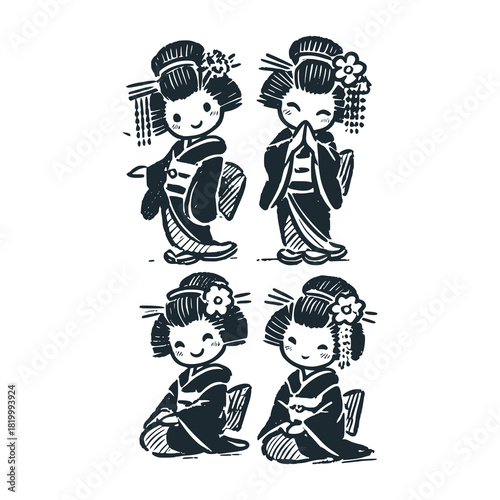 Children's line scribble of playful japanese geisha