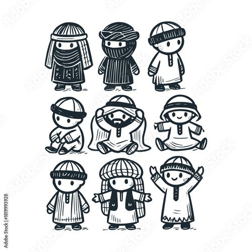 Children's line scribble of playful arabian bedouin