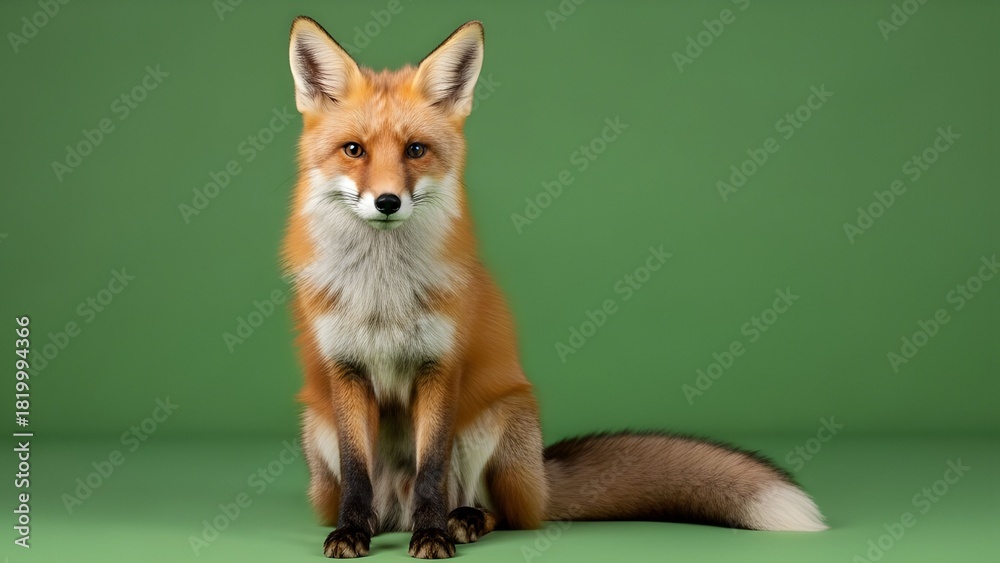 Fototapeta premium A red fox sitting calmly on green screen