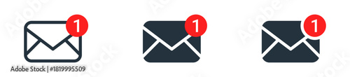 Mail envelope icon with a red notification bubble , Email notification icons with number '1' in outline and filled styles with a red badge, perfect for unread message, inbox alerts, messaging apps