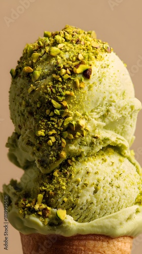 A delectable double scoop of pistachio ice cream, crowned with chopped nuts, creates an indulgent and visually appealing frozen dessert treat.