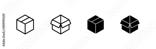 Package and box icons with closed and open states , for delivery apps, shipping systems, e-commerce or logistics., and modern UI elements. in outline, open, and solid styles