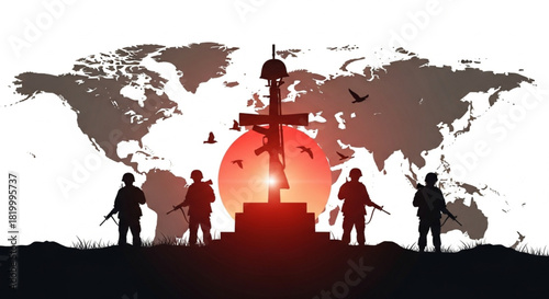 A global war memorial with soldiers standing guard at dawn, symbolizing peace and remembrance across the world