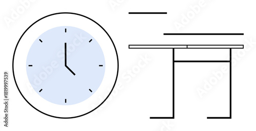 Analog clock with blue gradient face and desk outline suggesting focus, organization, and deadlines. Ideal for business, workplace, time management, productivity, planning, schedules minimalism