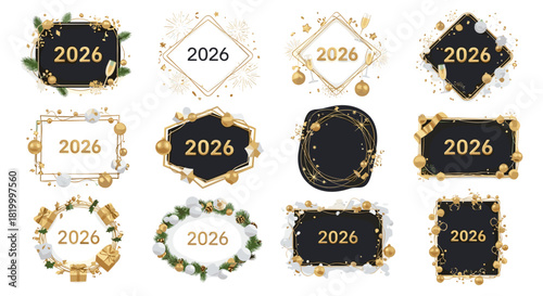 Collection of 2026 new year celebration frames and borders with gold