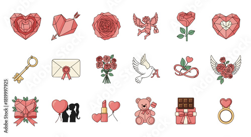 Collection of romantic symbols and objects for valentines day