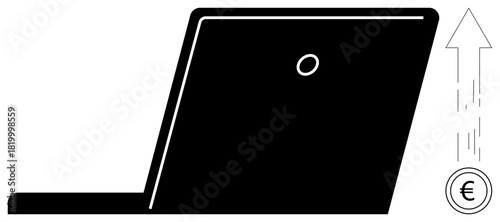 Black laptop next to upward arrow and euro coin, implying online earnings, financial growth, e-commerce, investment, business success, monetization, digital strategy. Ideal for simple flat metaphor