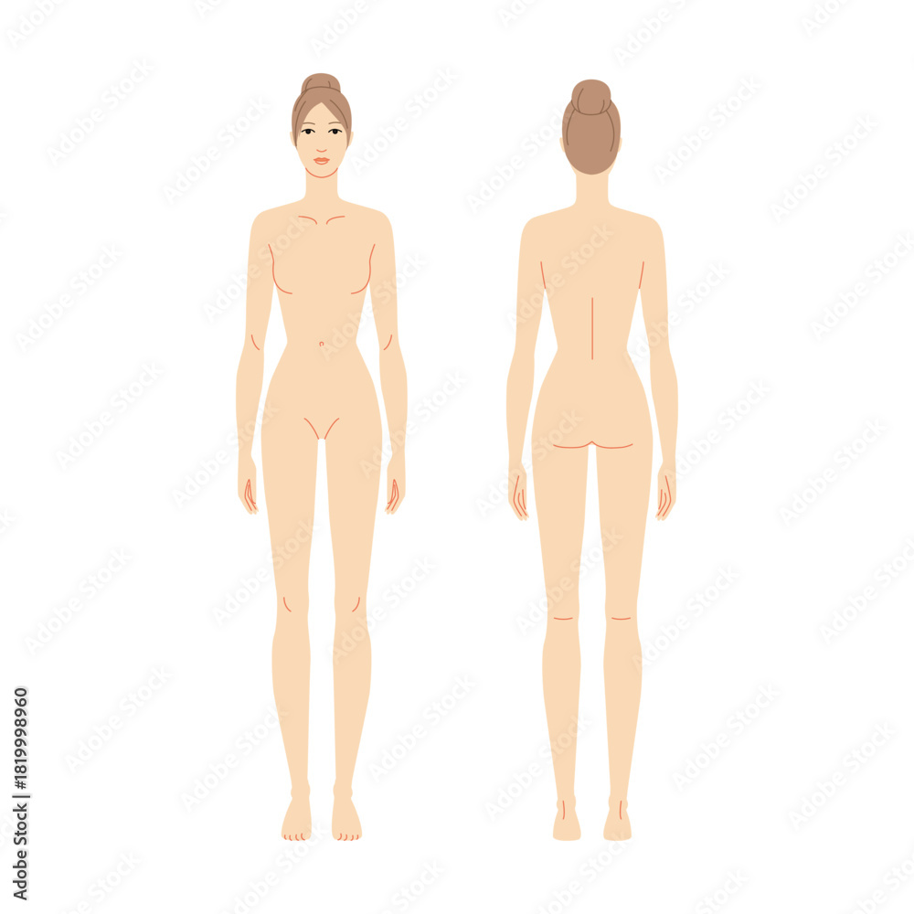 Fototapeta premium Vector illustration of a 9 head woman, displaying multiple angles including front, and back. Perfect for fashion sketches, anatomy reference, and style design.