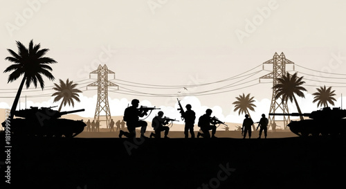 Silhouette of soldiers and tanks in a desert landscape with power lines and palm trees