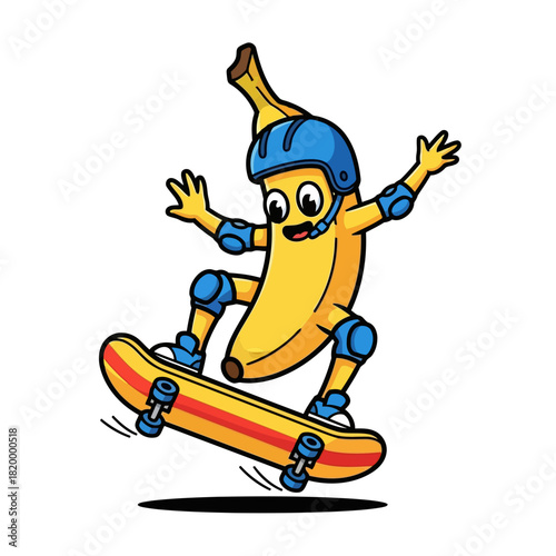 A cartoon banana character wearing a helmet and rollerblades, performing a trick on a skateboard with a happy expression