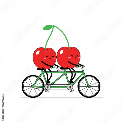 Two cherries riding a tandem bicycle with faces, smiling and enjoying a ride, vector illustration