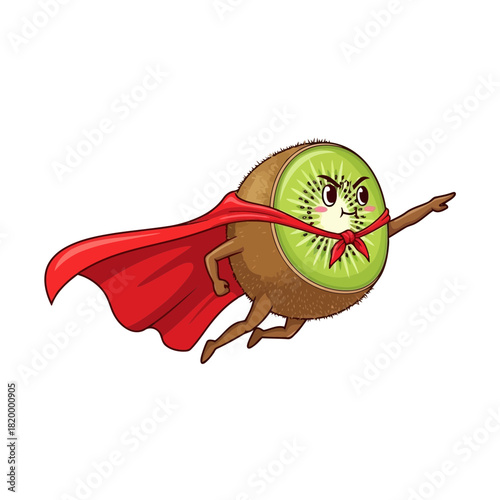 Cute cartoon superhero kiwi bird with a green face and red cape flying