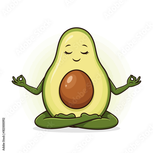 Cute cartoon avocado with face sitting in a meditative pose with hands in yoga position