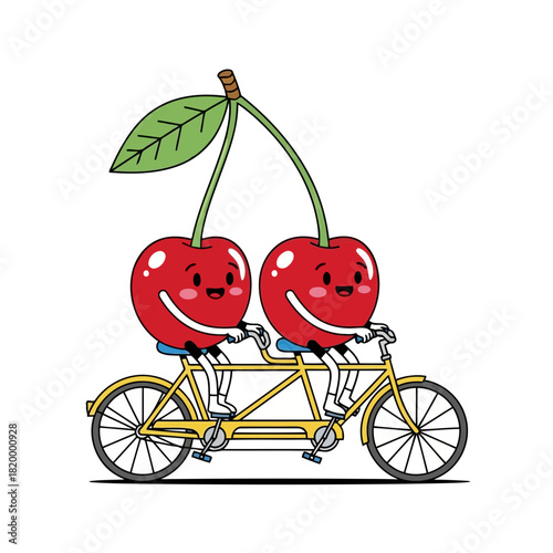 Two smiling cherries riding a tandem bicycle with a leaf on isolated
