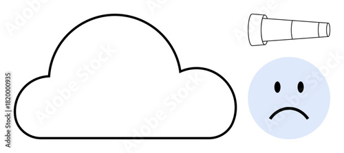 Cloud computing visualization. Cloud computing with a cloud shape, telescope, and a sad face icon. Cloud computing innovation, emotions in tech, data storage. For IT, tech trends emotional tech