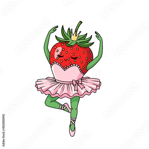 Cute strawberry character dressed as a ballerina with a pink tutu and ballet shoes